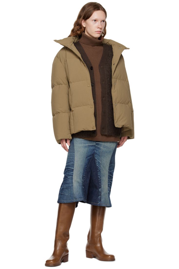 Stand Studio: Khaki Sally Down Jacket | SSENSE Winter Nylon Quilted Jacket For Workwear, Long Sleeve Puffer Quilted Jacket For Work, Long Sleeve Quilted Puffer Jacket For Work, Quilted Long Sleeve Puffer Jacket For Work, Hooded Puffer Jacket With Padded Collar For Workwear, Long Sleeve Puffer Jacket For Work, Long Sleeve Puffer Jacket With Pockets For Work, Long Sleeve Puffer Jacket With Patch Pockets For Fall, Fall Puffer Jacket With Patch Pockets