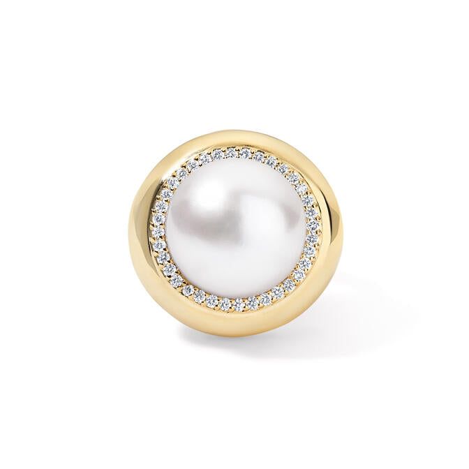 Elevate your style with our exquisite Large Candy Button Pearl Ring. Crafted with meticulous attention to detail, this stunning piece features a lustrous Mabe Pearl delicately set in radiant gold. Whether worn as a statement piece or to complement your everyday attire, its timeless elegance makes it a must-have in any jewelry collection. Embrace sophistication and luxury with this heirloom-quality ring, perfect for any occasion. 14K Yellow Gold Mabe Pearl = 12mm Diamond Halo weight = 0.21 carats Elegant White Gold Dome Ring With Brilliant Cut, Elegant White Gold Dome Promise Ring, Elegant Diamond Dome Ring With Polished Finish, Elegant Dome Diamond Ring With Polished Finish, Elegant Dome Ring With Polished Finish For Promise, Elegant Dome Ring For Formal Occasions, Elegant Diamond White Dome Ring For Formal Occasions, Elegant Polished Finish Dome Wedding Ring, Elegant Formal Dome Ring