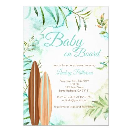 a baby shower with surfboards and leaves on it