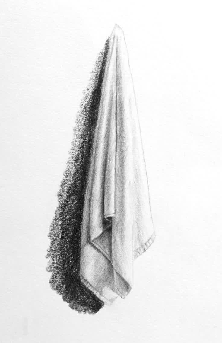 a black and white drawing of a towel hanging from a hook on the wall,