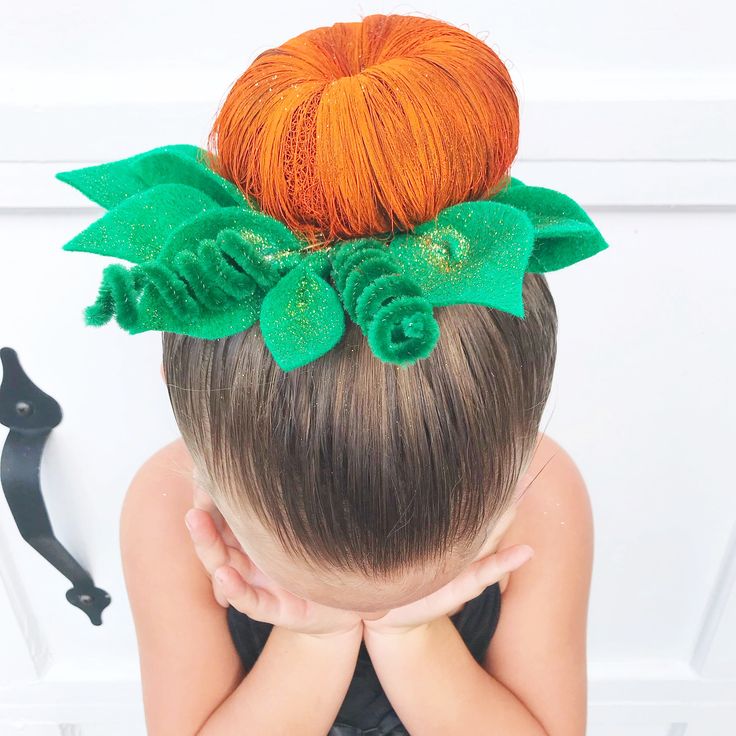 Crazy Hair Day Halloween Theme, Pumpkin Space Buns Hair, Halloween Hair And Makeup For Work, October Hairstyles For Kids, Pumpkin Crazy Hair Day, Crazy Hair Day Pumpkin Bun, Fun Buns Hairstyles For Kids, Pumpkin Bun Hairstyle, Crazy Hair Ideas For School