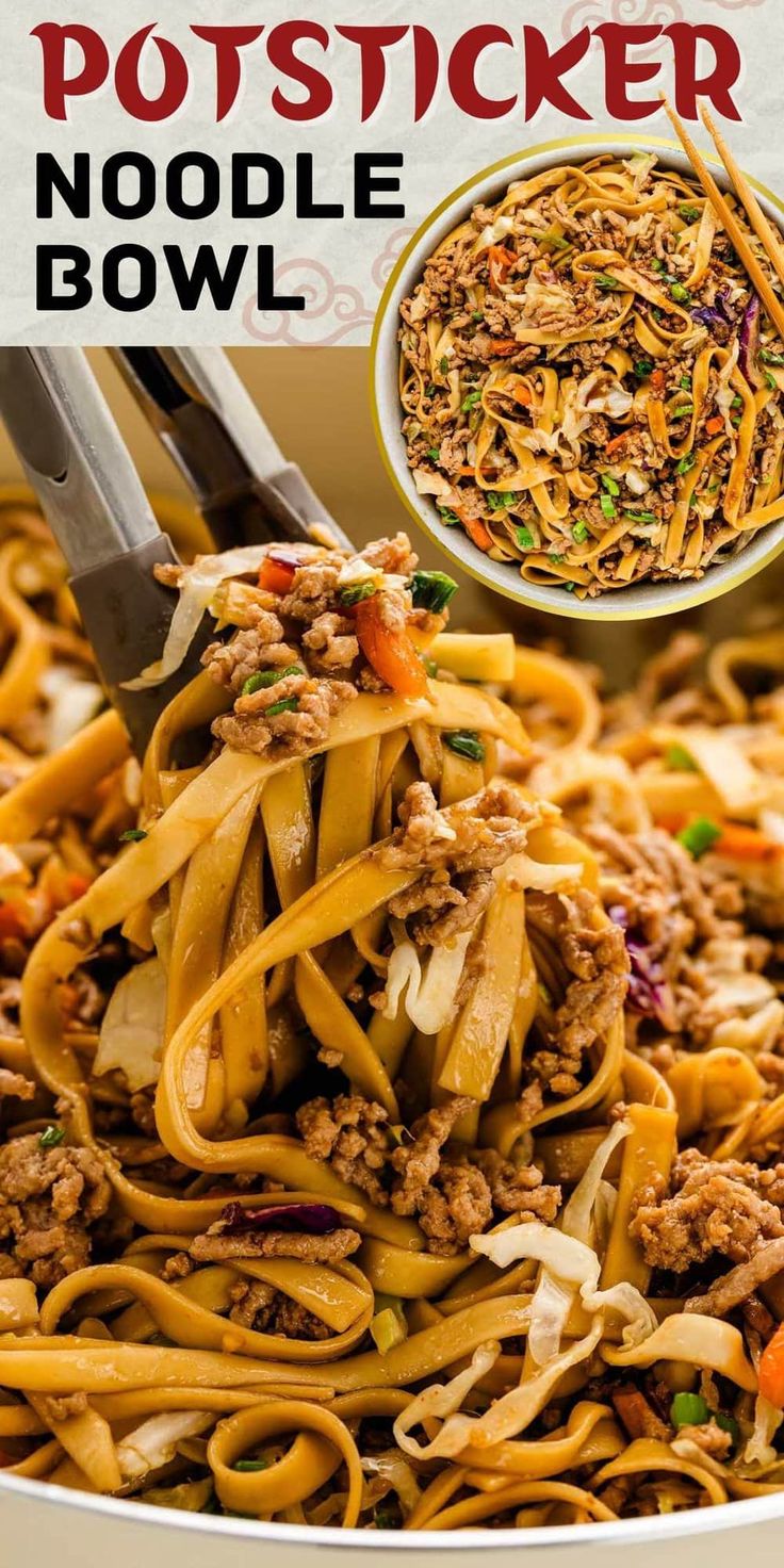 a bowl filled with noodles and meat next to a fork