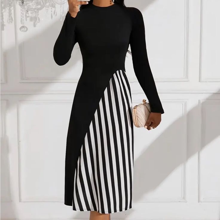 New With Tags Trendy Non-stretch Evening Dresses, Chic Non-stretch Evening Dress, Non-stretch Elegant Dress For Fall, Elegant Non-stretch Dress For Fall, Dressy Long Sleeve Maxi Dress For Work, Non-stretch Midi Dress For Date Night, Chic Non-stretch Dress For Night Out, Chic Non-stretch Midi Length Bodycon Dress, Trendy Maxi Length Dresses