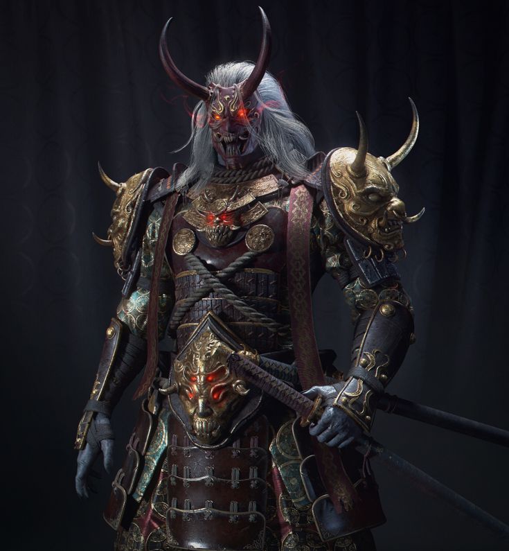 a man dressed in armor with horns and demonish headdress, holding two swords