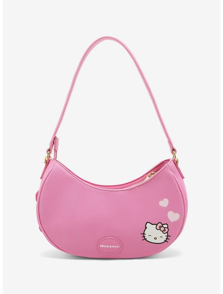 Her Universe Hello Kitty Pink Heart Baguette Bag Cute Pink Heart-shaped Bag, Cute Heart-shaped Pink Bag, Trendy Pink Shoulder Bag With Cute Design, Trendy Hello Kitty Shoulder Bag, Pink Cat Design Shoulder Bag, Trendy Pink Hello Kitty Shoulder Bag, Kawaii Pink Hello Kitty Bag, Cute Pink Bag With Cat Design, Cute Pink Cat Design Bag