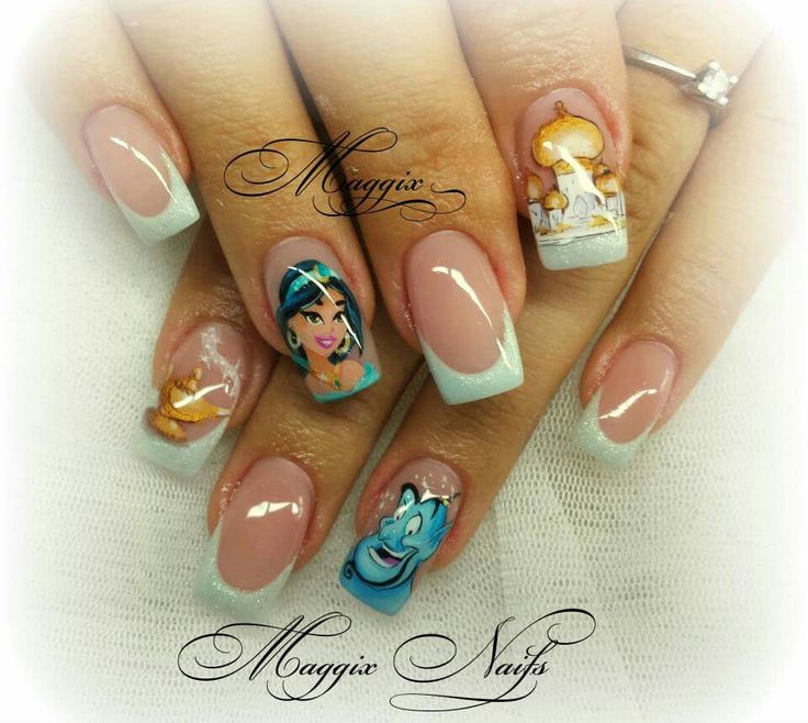 Al Aladdin Nails, Aladin Disney, Jasmine Nails, Frozen Nails, Belle Nails, Jasmine Party, Disney Inspired Nails, Disney Acrylic Nails, Paris Nails