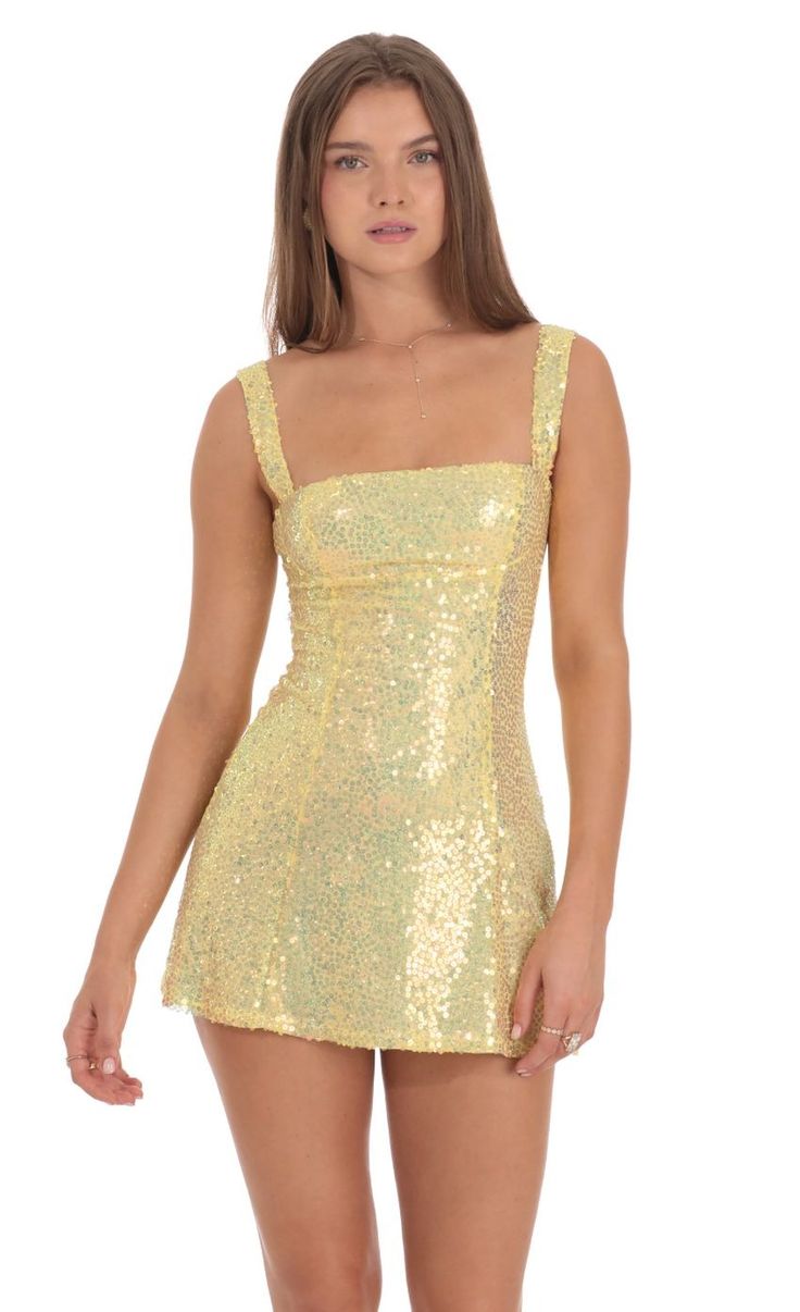 Sequin GLitter Back Bow Bodycon Dress in Yellow | LUCY IN THE SKY Fitted Sequin Mini Dress With Back Zipper, Yellow Sparkly Dress, New Years Eve Dresses, Eve Dresses, Sorority Outfits, Loungewear Jumpsuit, Casual Wedding, Sequin Fabric, Birthday Outfit