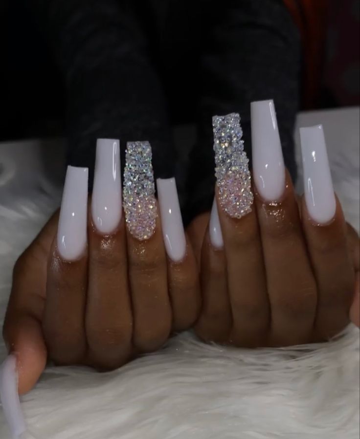 Long Acrylic Nail Designs, White Glitter Nails, Trendy Nail Art Designs, Colored Acrylic Nails, White Acrylic Nails, Dope Nail Designs, Classy Acrylic Nails, Long Acrylic Nails Coffin, Acrylic Nails Coffin Pink