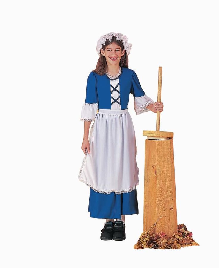 The Colonial Girl Thanksgiving costume children size large contains a hat and dress with apron. This Thanksgiving costume is designed for large children with a height from 54 inches to 60 inches and up to approximately 100 pounds. Please note butter churn pictured is sold separately.