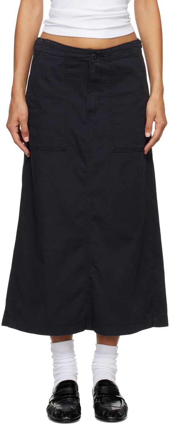 Relaxed-fit stretch cotton canvas midi skirt. · High-rise · Cinch straps at waistband · Four-pocket styling · Zip-fly · Logo flag at back pocket Supplier color: Caviar Midi Pleated Skirt, Fly Logo, Cargo Skirt, Denim Midi Skirt, Pleated Midi Skirt, Stretch Cotton, Pleated Skirt, Apparel Accessories, Cotton Canvas