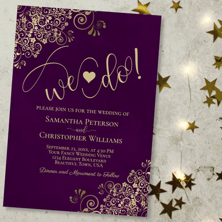 a purple and gold wedding card with the word we do on it, surrounded by stars