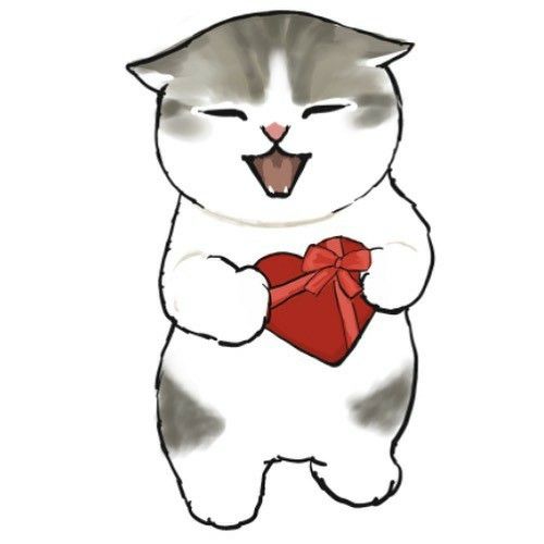 a drawing of a cat holding a red heart with its mouth open and tongue out