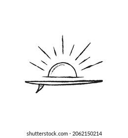 a black and white line drawing of a flying saucer with the sun in the background