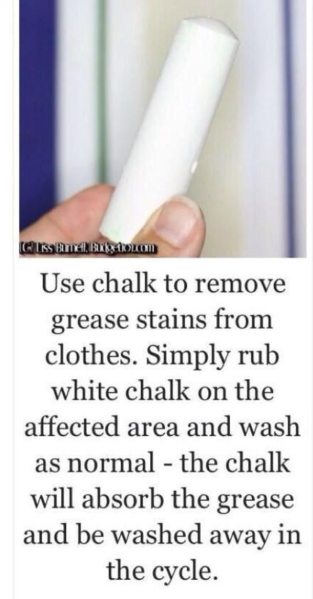 a person holding a white object in their right hand and the caption reads use chalk to remove grease stains from clothes simply rub