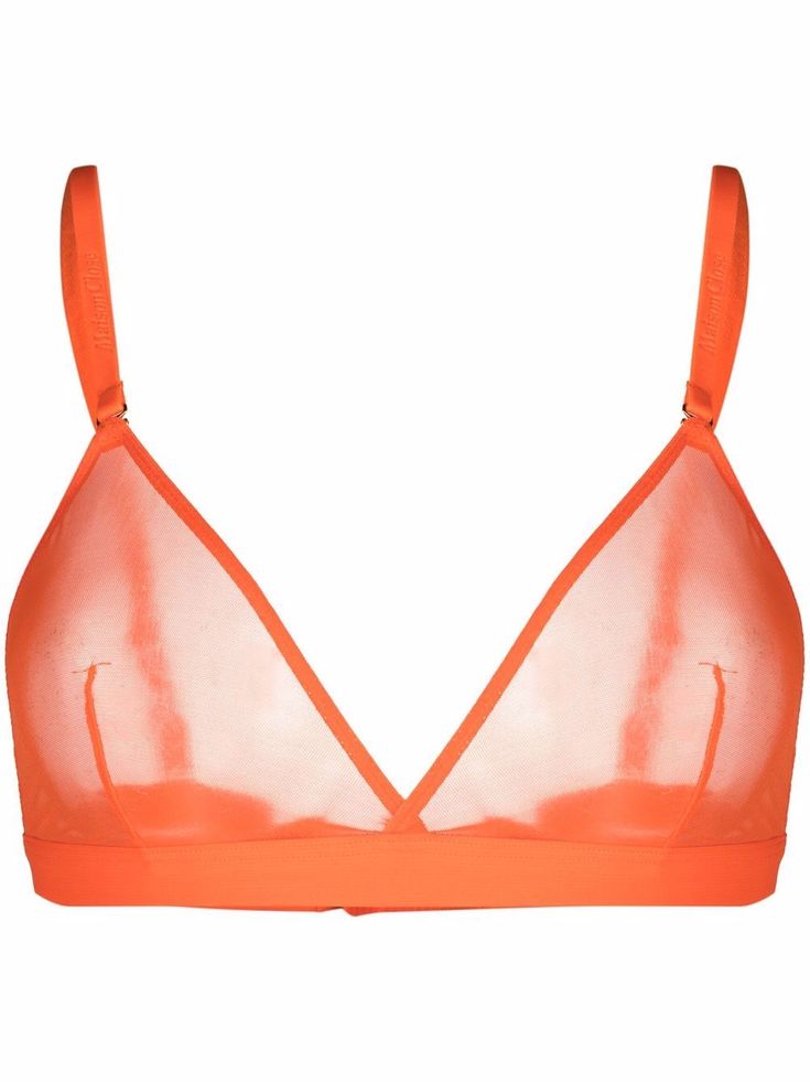 Neon orange Corps à Corps triangle bra from MAISON CLOSE featuring tulle netting, two adjustable detachable shoulder straps, tonal stitching, rear hook and eye fastening, sheer and non-wired. Bra Items, Women Sleepwear, Versace Outfit, Sheer Bra, City Dress, Triangle Bra, Ballet Pumps, Dolce E Gabbana, Boot Pumps