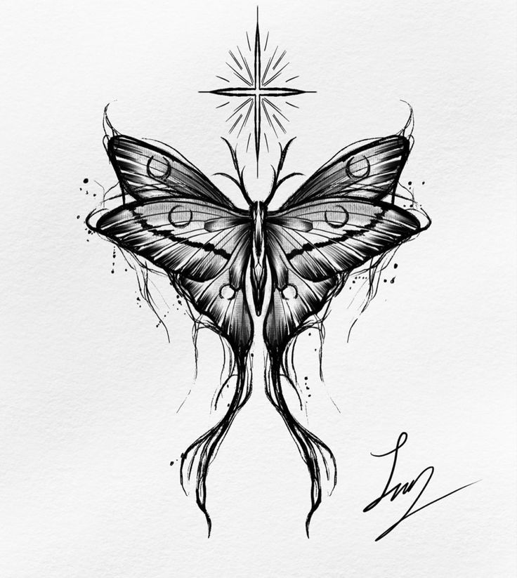 a black and white drawing of a butterfly with stars on it's wings in the background