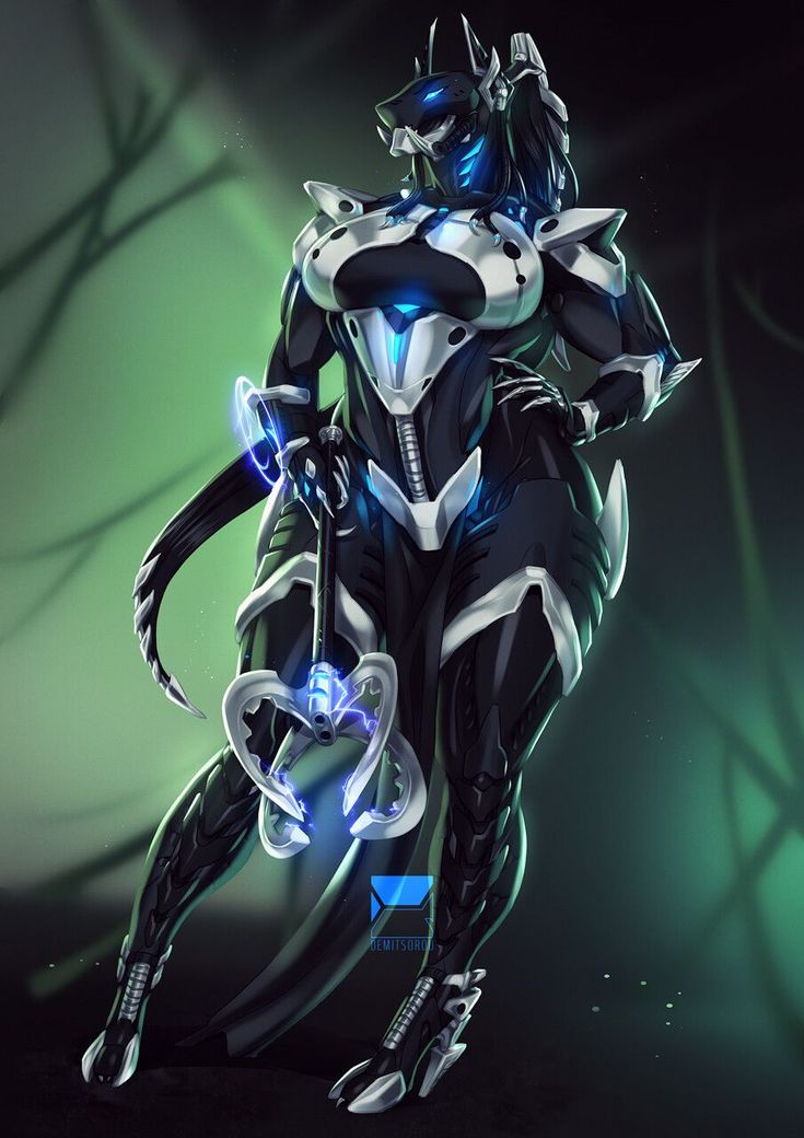 an image of a futuristic woman in black and white with blue lights on her body