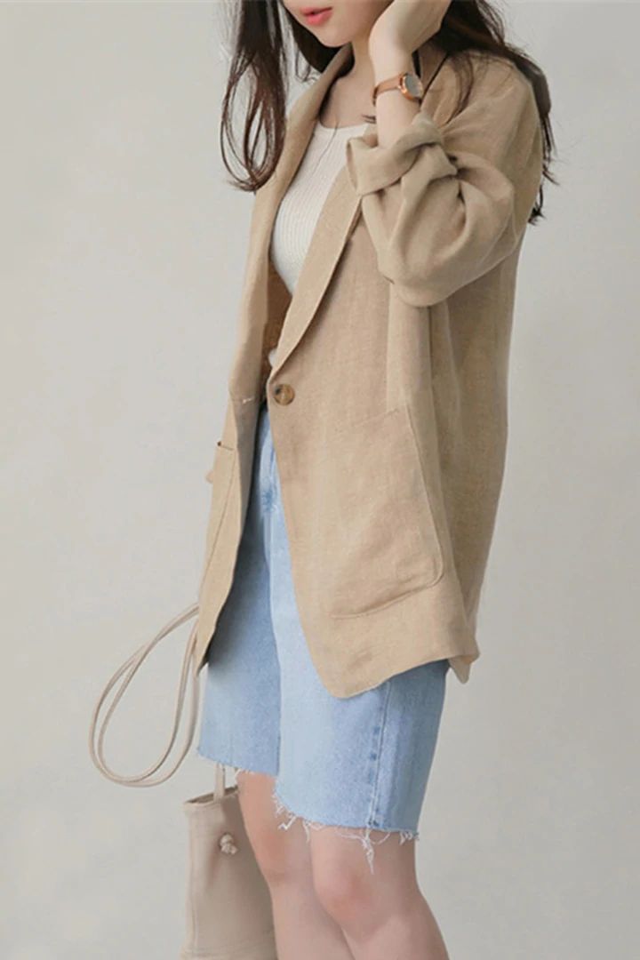 Long Sleeve Single Button Blazer – Nada Outfit Land Casual Oversized Blazer With Buttoned Pockets, Casual Oversized Beige Blazer, Oversized Beige Cotton Blazer, Oversized Beige Blazer With Button Closure, Casual Button-up Blazer, Casual Beige Solid Color Blazer, Oversized Casual Button-up Blazer, Oversized Casual Blazer With Buttons, Casual Blazer With Button Closure