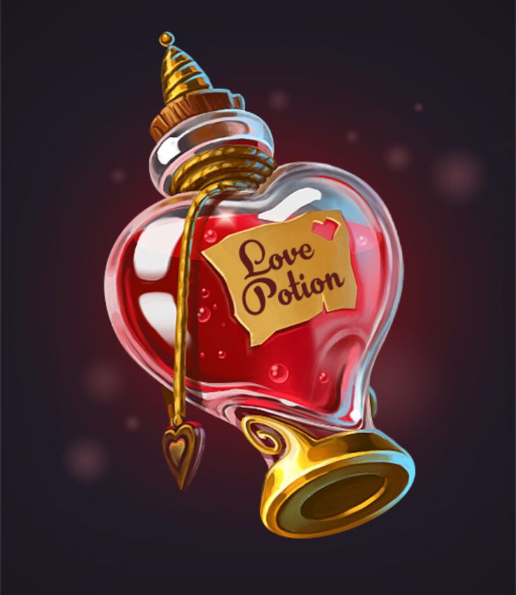 a red heart shaped bottle with a gold top and a sign that says love potion