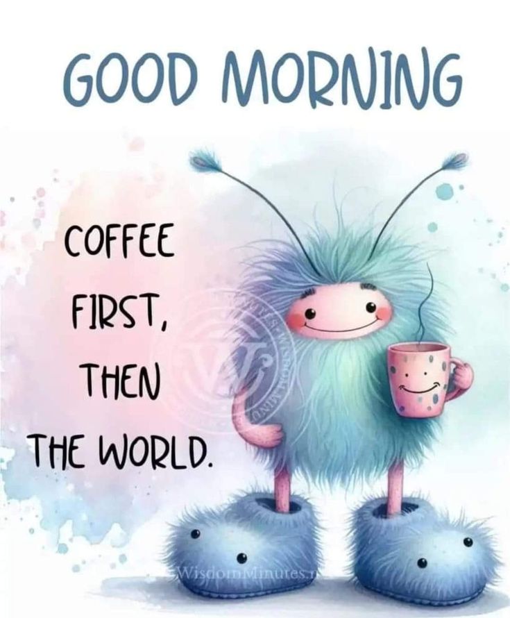 a cartoon monster holding a cup with the words coffee first, then the world