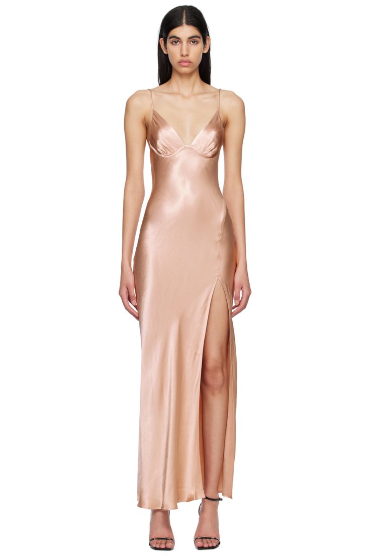 Bec + Bridge: Gold Ren Split Maxi Dress | SSENSE Fitted Silk Dress With Satin Finish And V-neck, Fitted V-neck Slip Dress For Gala, Fitted Modal Satin Slip Dress For Gala, Silk Slip Dress With Side Slits For Evening, Chic Slip Dress With Satin Lining For Gala, Silk Backless Slip Dress For Gala, Silk Slip Dress With Back Opening For Gala, Satin Slip Dress With Side Slits For Night Out, Elegant Slip Dress With Side Slits And Spaghetti Straps