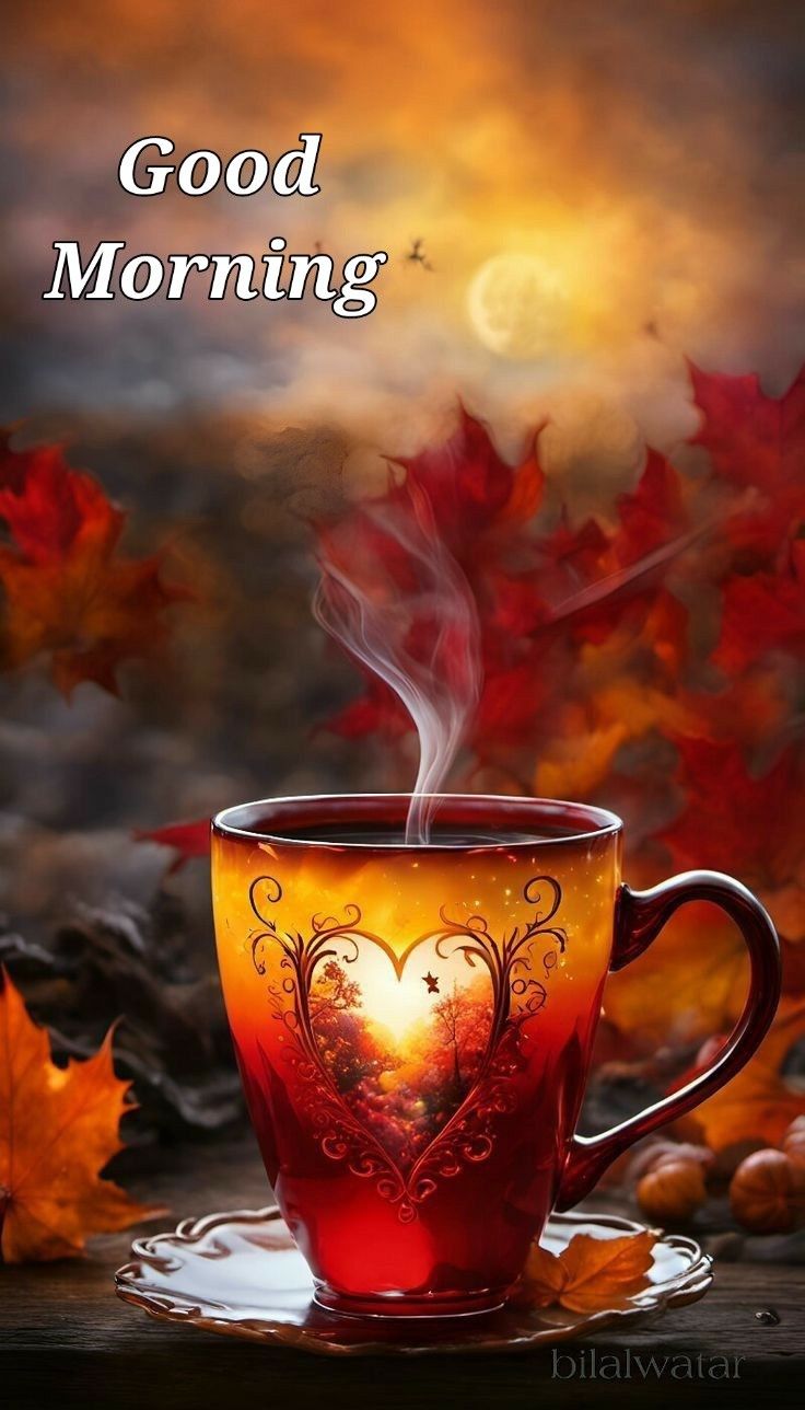 a coffee cup with the words good morning written on it and leaves surrounding it in autumn colors