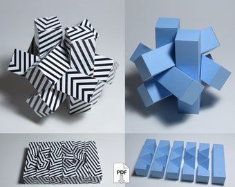 four different pictures of blue and black paper with geometric designs on them, one is folded to look like an origami