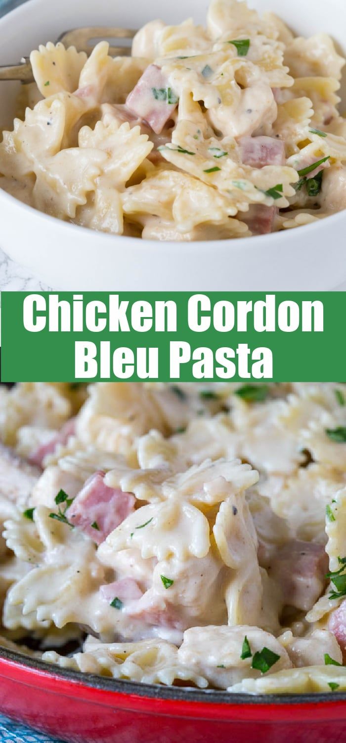 chicken cordon bleu pasta in a red bowl with a green border around it