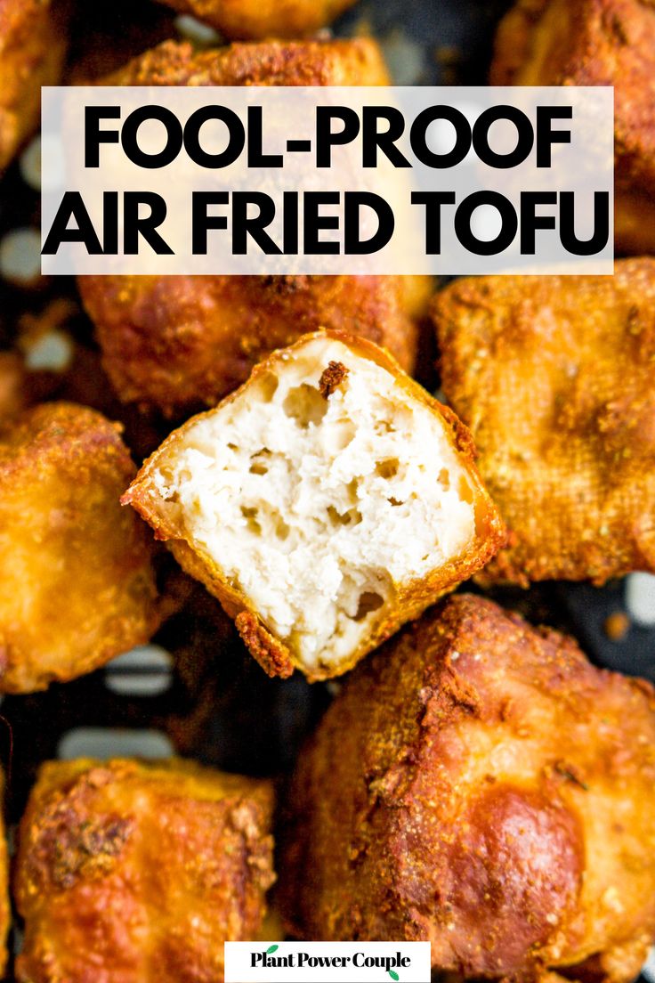 Overhead view of cooked tofu in an air fryer with a bite taken out of one of them and text reading: fool proof air fried tofu Tofu Sticks Recipes, Air Fry Crispy Tofu, Breaded Tofu Air Fryer, Fried Tofu Meals, Air Fryer Tofu No Cornstarch, Great Tofu Recipes, Tofu Air Fryer Recipes Healthy, Best Tofu Recipes Air Fryer, Things To Make With Tofu