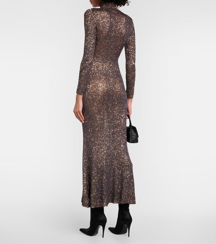 Sequined knitted maxi dress in brown - Balenciaga | Mytheresa Bodycon Maxi Dress For Party, Bodycon Full-length Maxi Dress For Party, Luxury Fitted Full Length Maxi Dress, Full-length Bodycon Evening Dress, Fitted Full Length Maxi Dress For Party Season, Cocktail Maxi Dress For Party Season, Evening Bodycon Maxi Dress Full Length, Evening Bodycon Full-length Maxi Dress, Elegant Stretch Maxi Dress For Party Season