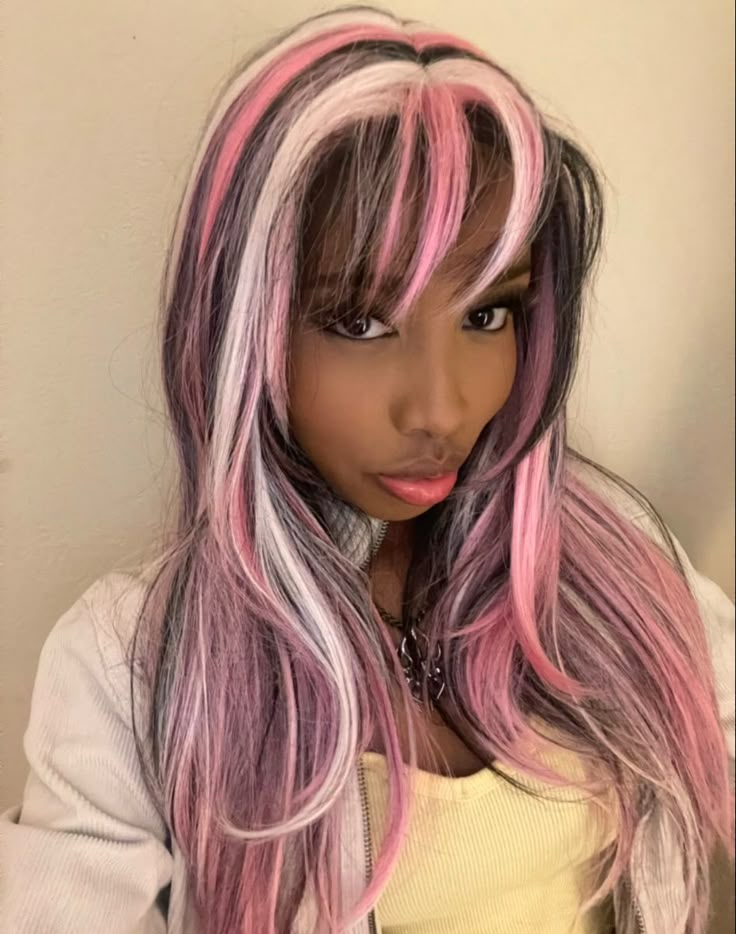 Brown And Pink Sew In, Cyvery2k Aesthetic, Blue Hair With Pink Highlights, Pink Hair Black Tips, Pink And Black Hair Black Women, Gyaru Hair Color, Pink Black And Blonde Hair, Y2k Wigs, Half Pink Half Blonde Hair