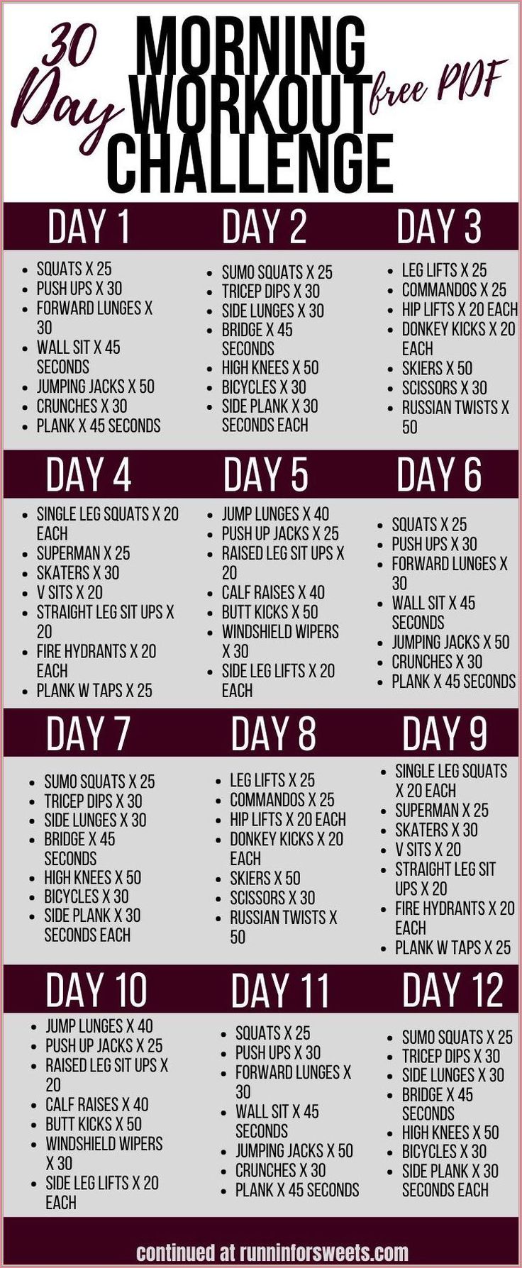 the 30 - day morning workout challenge is shown in this graphic style, which includes exercises for