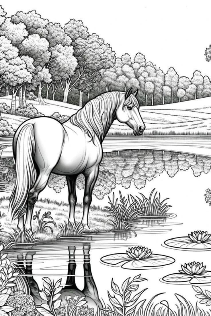 a horse that is standing in the grass next to some water and trees with lily pads