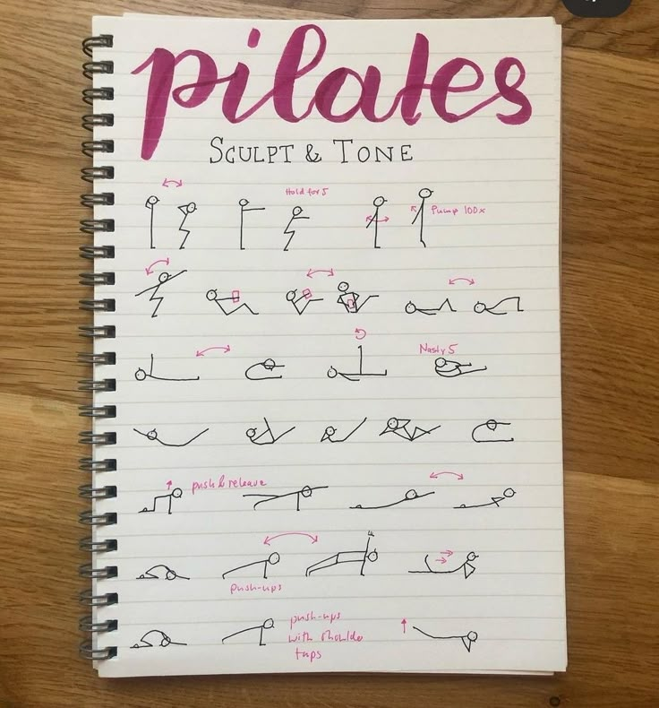 a spiral notebook with writing on it that says pilates, scufpt & tone