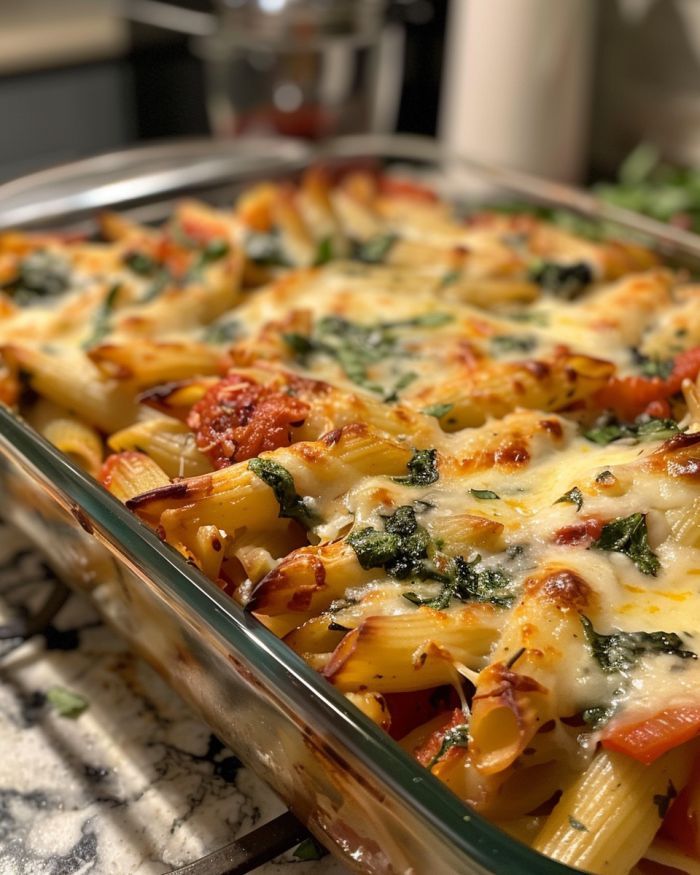 a casserole dish filled with pasta and vegetables