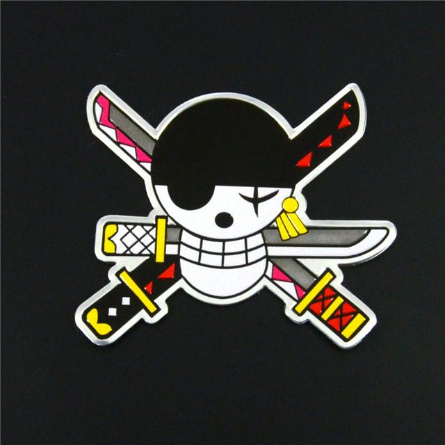 a pirate skull with two swords and crossbones sticker on a black background