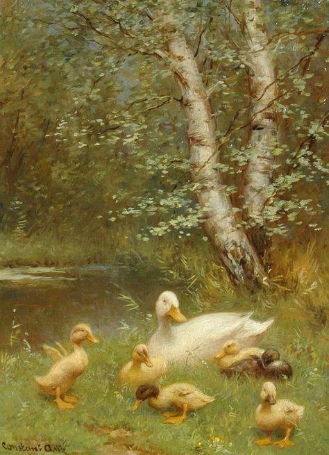 a painting of ducks and their babies in the grass next to a pond with trees