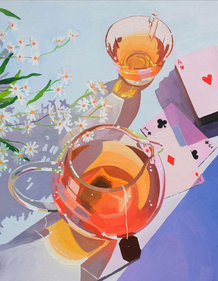 an oil painting of playing cards and a cup of tea on a table with flowers