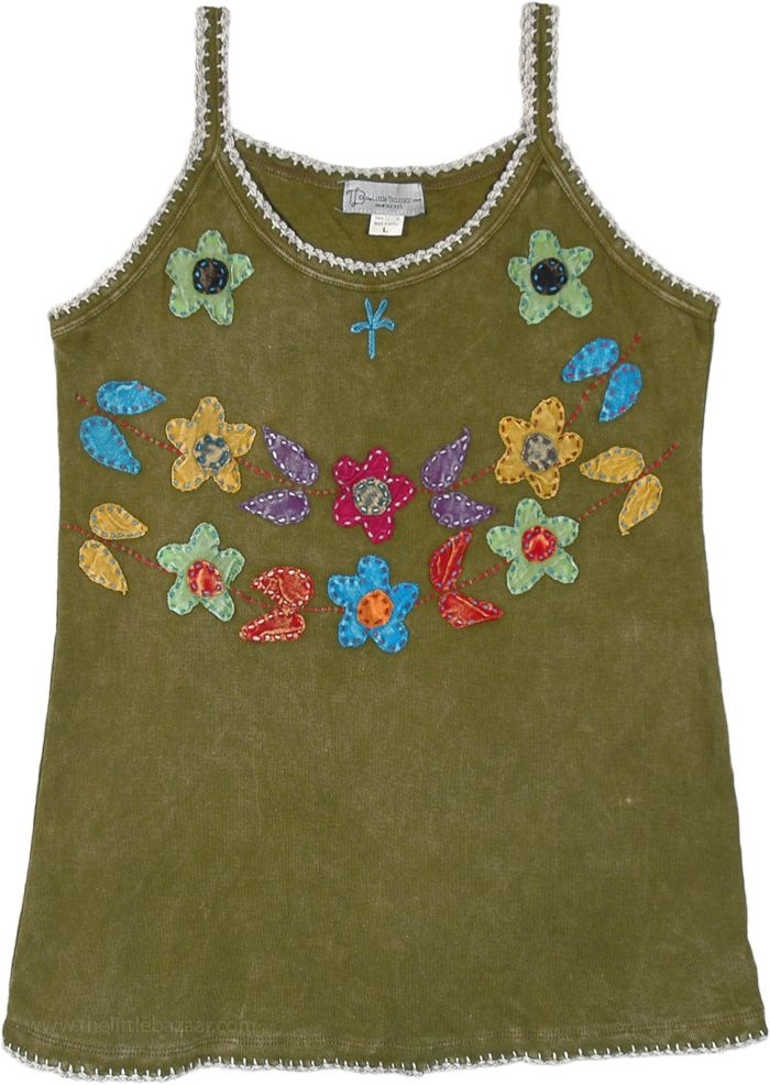 A stonewashed olive green sleeveless tank top to keep you cool this summer. This cotton top feature a gorgeous floral applique work, and a beautiful thread detailing at its borders which gives it a trendy and unique look. #tlb #Sleeveless #Stonewash #Embroidered #Applique #vacationclothing #beachwrap #Floral #Bohemiantanktop #handmadetop Bohemian Tank Top With Floral Embroidery, Sleeveless Olive Top For Summer, Bohemian Embroidered Cotton Tank Top, Bohemian Cotton Embroidered Tank Top, Bohemian Spring Tank Top With Floral Embroidery, Bohemian Tank Top With Floral Embroidery For Spring, Spring Bohemian Cotton Tank Top, Bohemian Cotton Tank Top For Spring, Green Sleeveless Tank Top For Festival