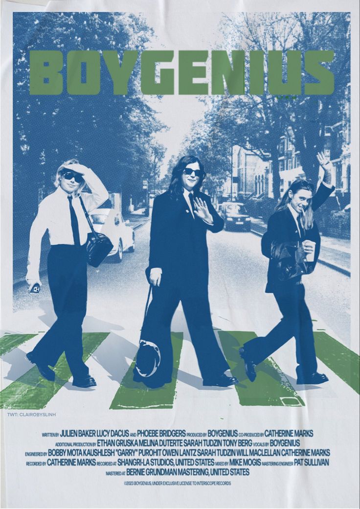 a movie poster for the film boy genius with two men crossing the street in front of them