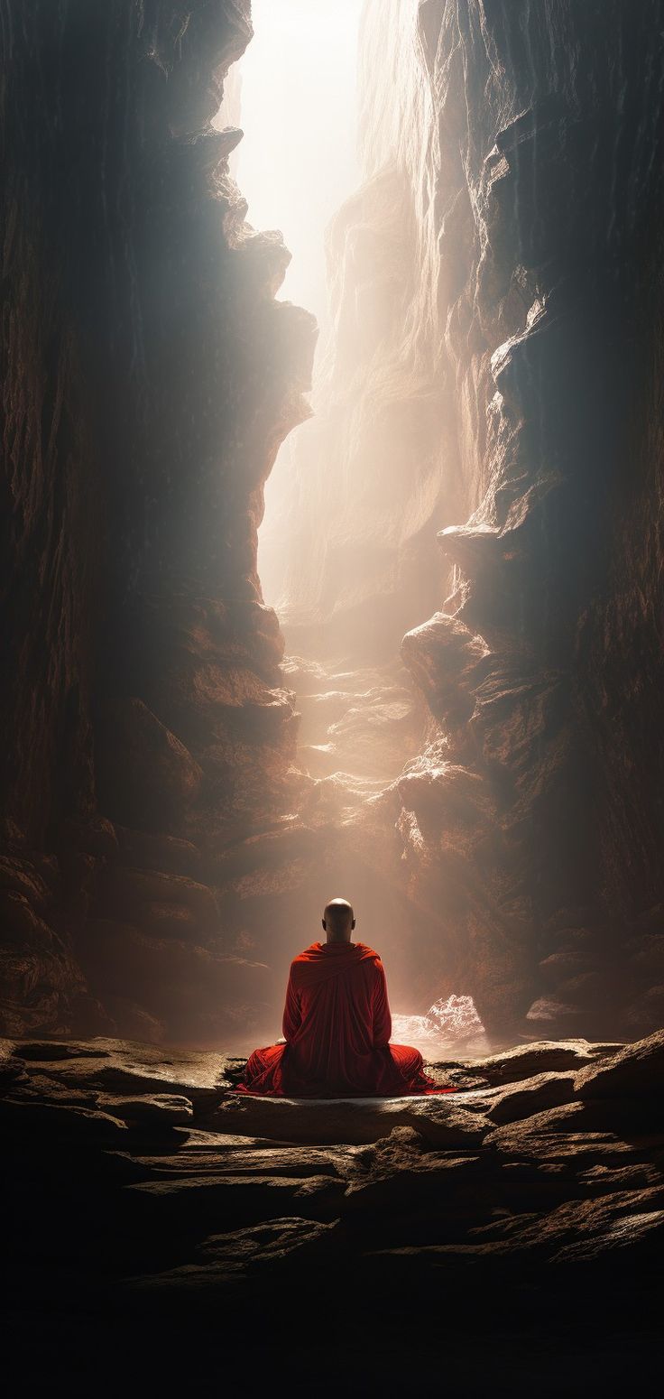 a man sitting in the middle of a cave with his back turned to the camera