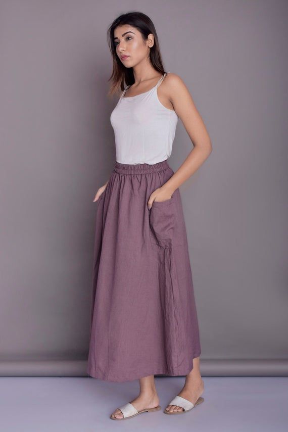 Patch Pocket Skirt, Maxi Skirt, Casual Linen skirt, Full length skirt, Linen skirt for women - Custom made by Modernmoveboutique>DESCRIPTION<- Length of the skirt - 34" (86 cm) - If you want to customize the length, please mention in 'Note to seller' section while ordering the skirt.- Side seam patch pockets- standard fit- made from Linen blend. The fabric is of medium weight (185 g).- the model is 172 cm high (regular XS - S) and is wearing size S. - color in the picture - MOCHA PURPLE (P Maxi Skirt Casual, Long Linen Skirt, Skirt Linen, Full Length Skirt, Pocket Skirt, Skirt Casual, Button Skirt, Full Length Skirts, Skirt Maxi