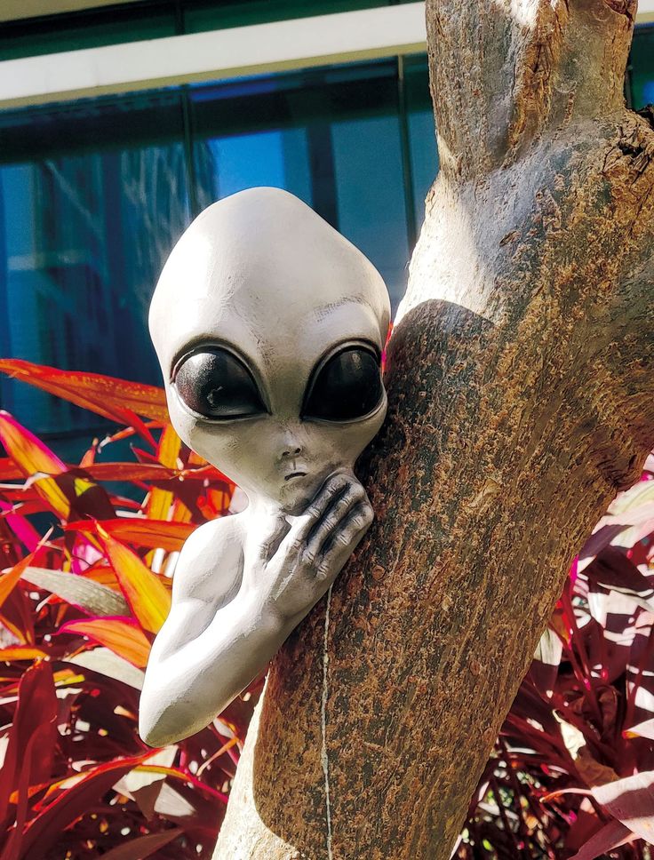 an alien doll is sitting on a tree branch