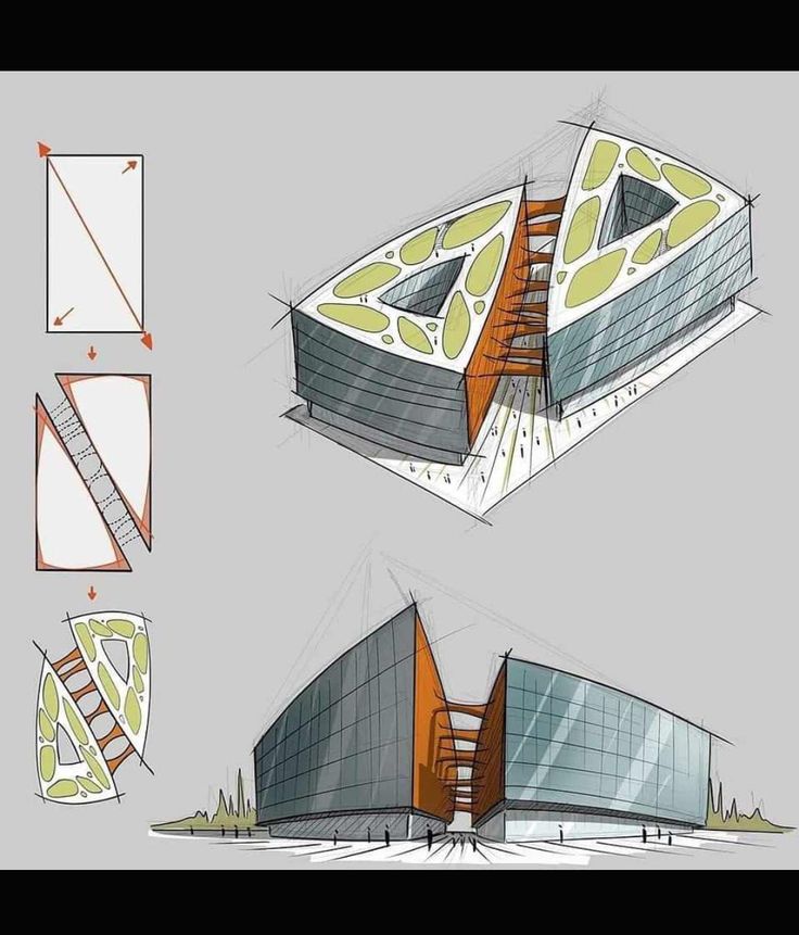 two drawings of an architectural building with different angles and colors on the front, back and side