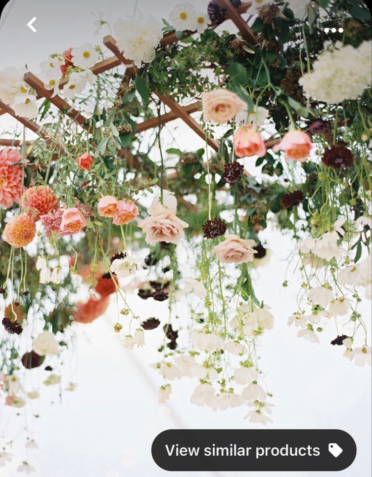 an arrangement of flowers hanging from the ceiling