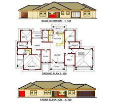 two story house plans with garage and living room in the middle, second floor plan