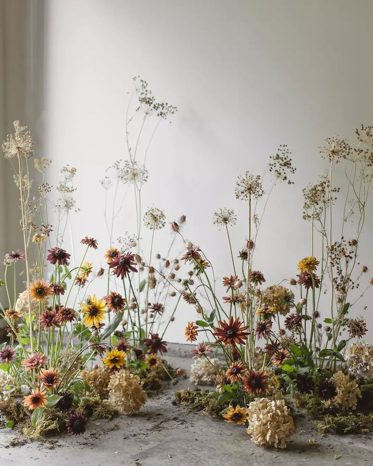 several different types of wildflowers are arranged in front of a window sill