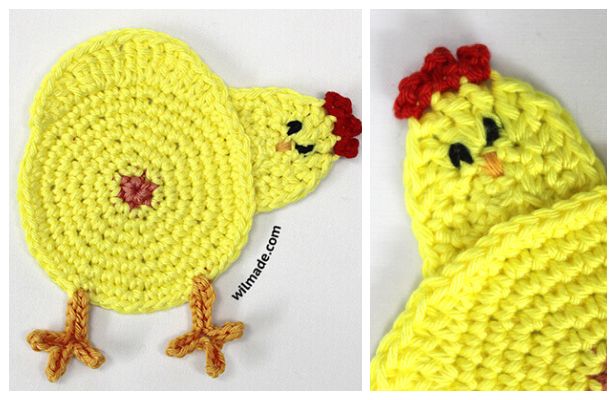 crocheted yellow chicken with red comb on its tail and another photo of the same item