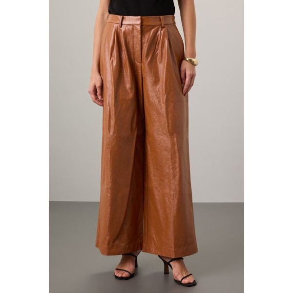 Brown faux leather (55% Polyurethane, 45% Rayon). Pants. Front zipper with button closure. Imported. Edgy Pants, Oversized Sweaters, Fashion Bottoms, Work Trousers, Rayon Pants, Faux Leather Pants, Chunky Sweater, Sweaters Oversized, Front Zipper