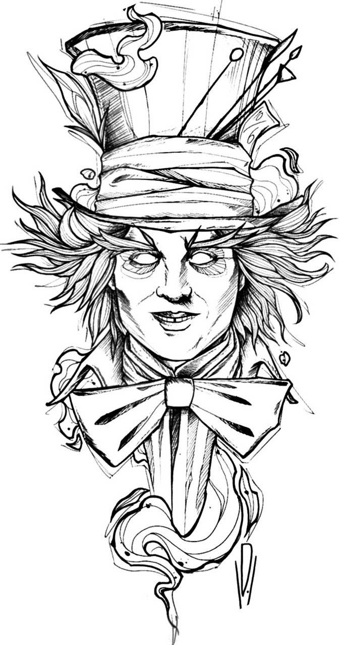 a black and white drawing of a man wearing a top hat with feathers on his head